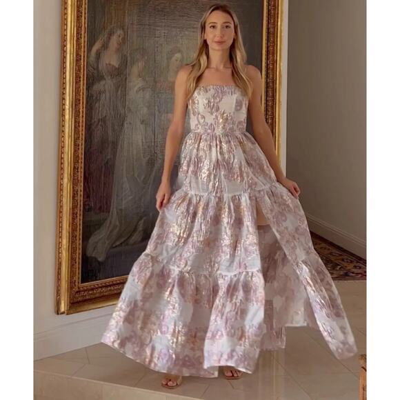 NWT Elliatt Halite Blush Pink Metallic Jacquard Side Slit Maxi Dress - Picture 4 of 10